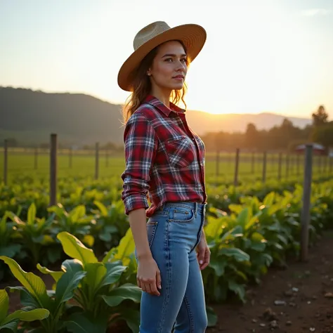  A 23-year-old farmer stands in an open field early in the morning ,  surrounded by a vast plantation typical of southern Brazil ,  like soybeans or corn .  The setting includes a clear sky with soft shades of blue and orange ,  suggesting sunrise . In the...