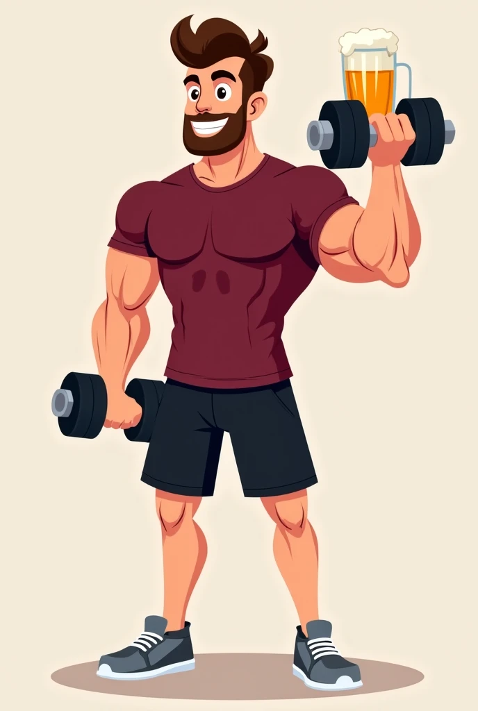  Handsome young fitness cartoon man ,  with white complexion with brown hair and beard ,  dark brown eyes ,  raising the right hand,  holding beer with the right hand and with the left hand a gym weight, with wine-colored t-shirt ,  black shorts and gray s...