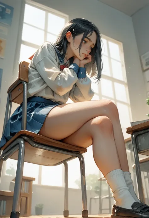 1 ,   student costume,  very short blue skirt   ,socks,  sitting on chair  ,  illuminated by afternoon sunlight ,   long black hair  ,hand on chin, Boredom,  thick legs  , visible thighs,    low angle and side portrait, Ultra HD,watercolor, Perfect anatomy...