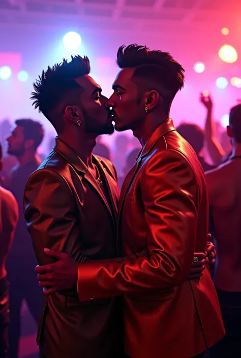 Hyperrealistic image of two reggaeton men, kissing passionately at a party. Sarcastic image, super resolution, super quality, volumetric lights.
