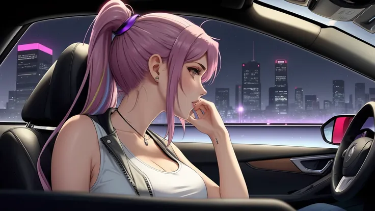 "An anime-style woman med boobs with long purple hair and pink highlights tied in a ponytail, sitting in the drivers seat of a car. The angle is from the front passenger seat, capturing her side profile with a clear view of her face, slightly illuminated b...