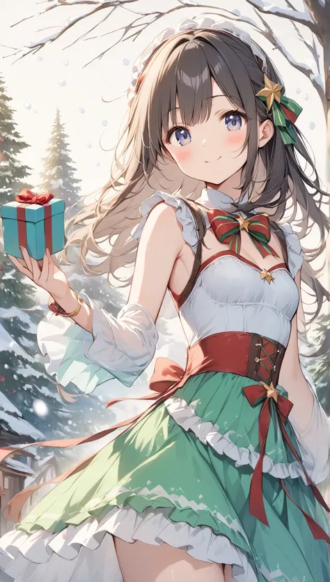    The bright lines and soft colors create a dreamy effect., A fleeting impression.., one woman、 Old Tree House     、I have a gift box、 cute、  fantasy 、  Fantasy Santa Outfit 、Villager、  sexy、((poor))、  its snowing、Snow-covered landscape、 a girl who perfor...