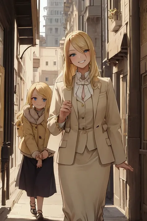 blonde, walking,  smiling at the camera