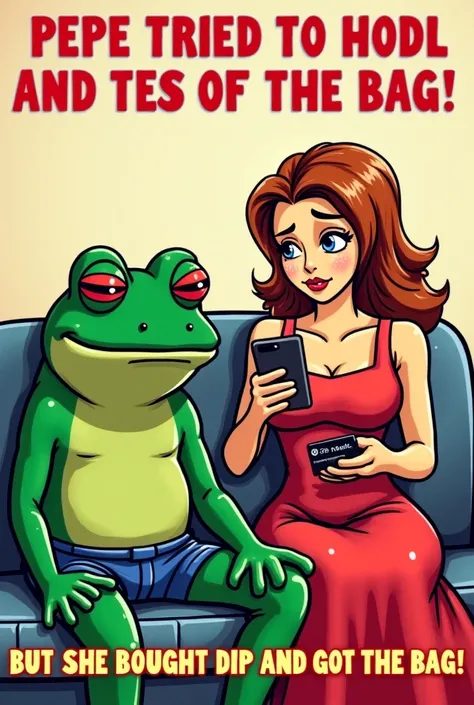 Prompt:
"Pepe the Frog, looking sad and exhausted, is sitting next to his girlfriend, who is also a frog. He’s staring at his phone, where the stock chart is deep in the red, looking tired and stressed. His girlfriend, with a confident smile, is holding a ...