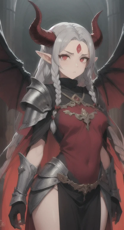 Ancient demon, horns, wings, tail, demon Lord, blind Sylpheyte, grey hair, glowing red eyes, blank red pupils, scar on her forehead Devine braids, looking at viewer, long messy hair, ancient Hyrule, ancient armor, Palace,