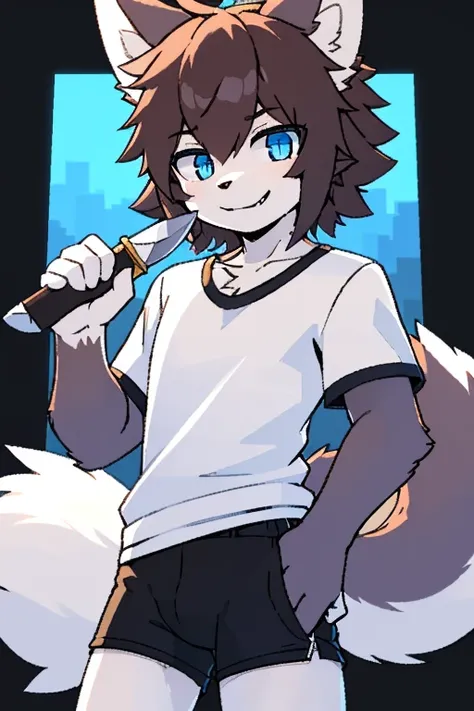 Furry boy, cute wolf, messy hairstyle, detailed body, clothes, shirt, shorts, blue eyes, evil smile, holding a knife, best quality, high aperture 1.4, chin, white veins 