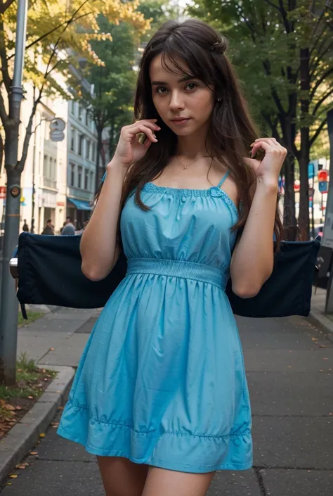 A portrait of the young girl from Karelia in a long summer blue dress in the style of the 80s in front of a microphone stand with Shure mic in her hands on the autumn stage in the street, f/1.8, 135mm, Nikon, UHD, retina, masterpiece, ccurate, anatomically...