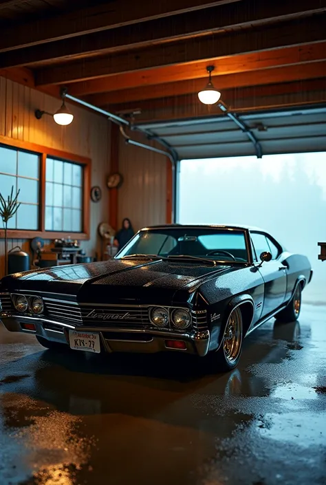  Wallpaper of a lowered Impala color black from 1967 with 20 rim wheels. In the garage of an American beach house , rainy weather at night