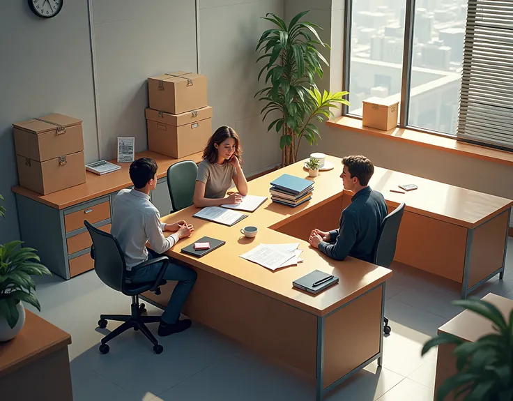 Desk in an office, located on one side, where there are 2 similar boxes on each side in the background plus desks, With a chair with one person chatting with another, materials, only the stage , in realistic style