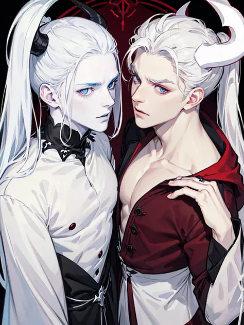 Two male demons, one completely white with pale skin blue eyes and white hair with white horns. The other has dark scaly skin maroon color eyes black hair with black horns. They are looking at you with a serious look