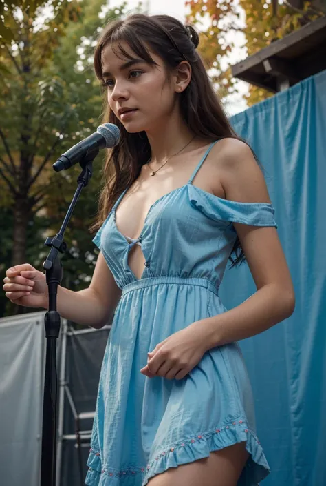 A portrait of the young girl from Karelia in a long summer blue dress in the style of the 80s in front of a microphone stand with Shure mic in her hands on the autumn stage in the street, f/1.8, 135mm, Nikon, UHD, retina, masterpiece, ccurate, anatomically...