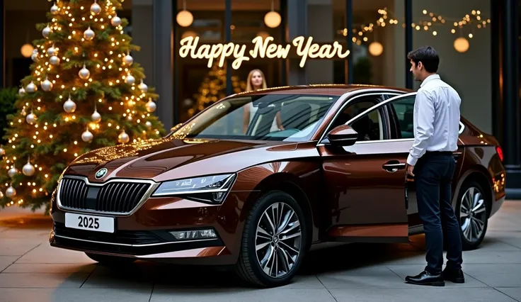  Skoda superb 2018 ,  dark brown . against the background of a Christmas tree,  with an inscription " Happy New Year 2025  ". There is a guy standing nearby, wearing a white shirt ,  will open the door to a passenger.