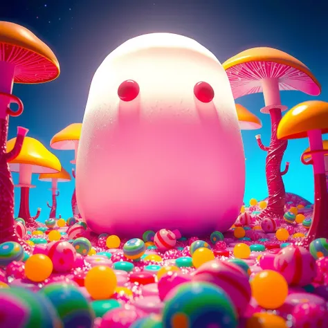 Marshmallow gigante bioluminiscente, Magic candy forest background with neon ambient lighting.