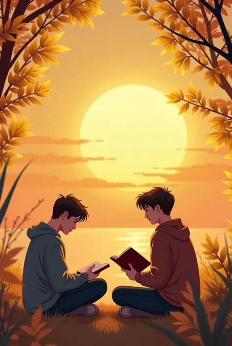 Sunset background with three young people reading the bible in the middle with yellow leaf borders 