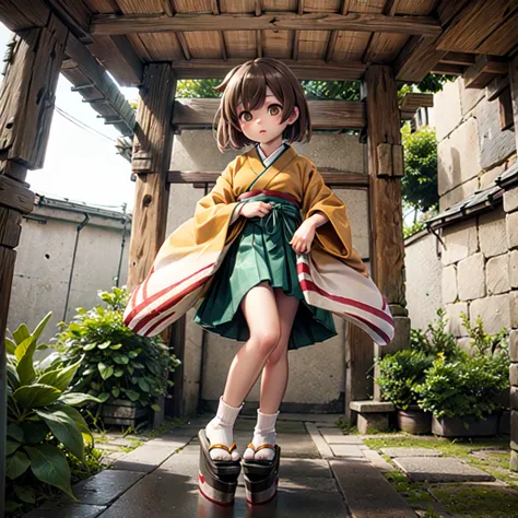 1girl, hiryuukc,
orange kimono, wide sleeves,
green hakama, hakama short skirt,
tabi, socks, sandals, platform clogs,
brown hair, brown eyes, one side up,