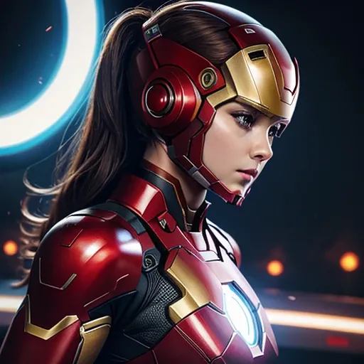 The background of the female version of Iron Man is a modern urban style，She wears a tight red mech costume，Create a futuristic atmosphere full of technology。Hope to have a dynamic pose，Wear a stylish helmet，There is a blazing flame behind it，At the same t...