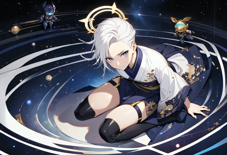 Fresh illustration,
Ultra-fine drawing,
Very delicate illustration,
Very fine details,
One boy,
Full body,
Height 158cm,
Fair skin,
Right eye is purple,
Left eye is blue,
Odd eyes,
Heterochromie iris,
Beautiful eyes,
Large black pupils,
Cleanly cut hairsty...