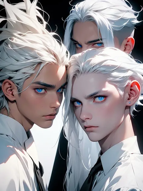 Two male demons, one completely white with pale skin blue eyes and white hair with white horns coming out his head. The other has dark tan scaly skin maroon color eyes black hair with black horns coming out his head. They are looking at you with a serious ...