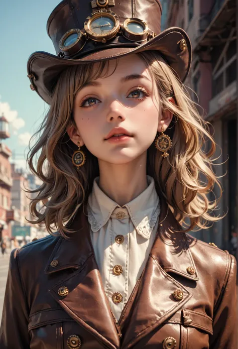 score_9, score_8_up, score_7_up, score_6_up, photo, realism, photorealistic, Industrial steampunk mechanic girl, perfectly detailed face, (hat:0.8), goggles, steampunk beige leather double breasted jacket, beige tweed fabric pleated skirt, (leather laced b...