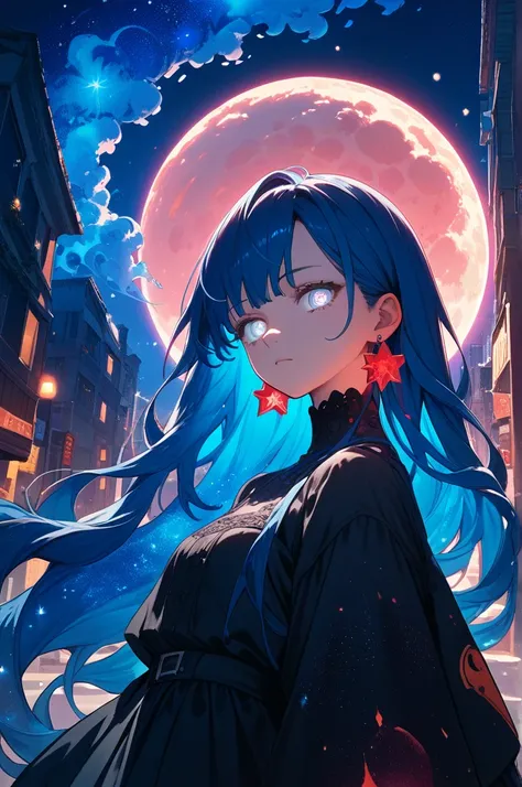 An adult female wearing a black dress, Ruby earrings, very long blue hair, pure white eyes, and moon shaped pupils, cosmic aura surrounds her, in a city background, Night sky, vibrant colors, anime art