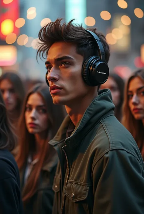 A guy wearing headphones, not feeling anything and listening to music while every woman looks at him but he doesnt care