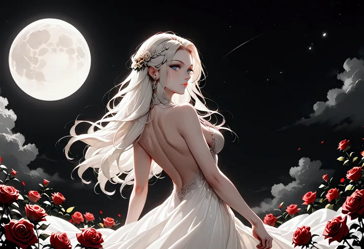 score_9, score_8_up, score_7_up, score_6_up, score_5_up, score_4_up, (black and white art: 1.5) mostly black and white, a picture of a beautiful vampire, long hair hair, blue eyes, wearing white silk dress, with (red roses on the dress: 1.1),  backless dre...