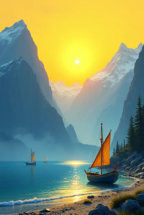  Create a landscape with the yellow sunrise between the mountains rich in details,  in front of the blue sea and a little blue and yellow boat with blue and yellow sails , traced on the seashore 