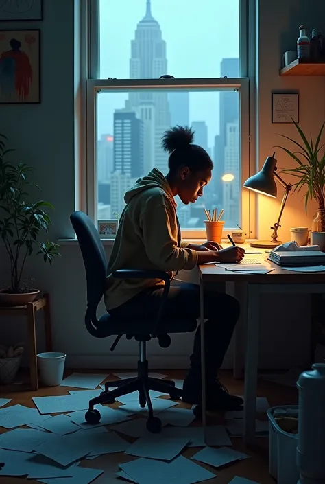 (photorealism:1.2) A melancholic African American woman, Sarah, sits in her dimly lit, cluttered apartment, at her desk surrounded by scattered sketches and crumpled papers, as the city skyline outside her window serves as a poignant reminder of her isolat...