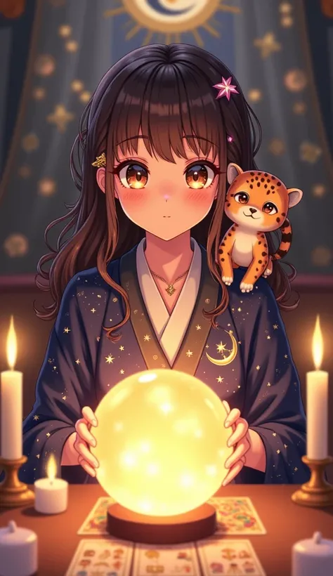  emphasize that they are wearing a Japanese high school uniform 、I think similar images can be generated：

Example prompt：
“A cute anime-style female fortune teller with sparkling large eyes, wearing a celestial-themed robe adorned with stars and moons. Sh...