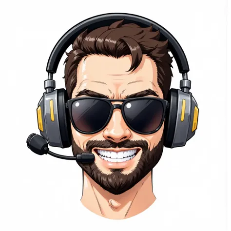 (cartoon emblem illustration:1.2), a stylized 2D vector graphic of a confident male characters head, wearing a large gray gaming headset with a microphone and black sunglasses. The character has short, dark brown hair and a neatly groomed beard, with a tan...