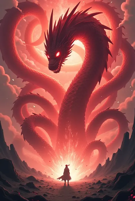 In Naruto style 
Creat an 11 tailed beast looks like Jormungandr in crimson color