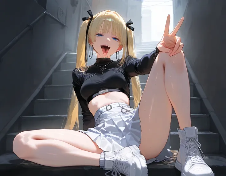 Marie Rose, small breasts, one girl, blonde hair, Long Hair, twin tails, blunt bangs, blue eyes, wearing black high waist thing and labeled crop top, oversized hoop earrings, white shoes,legs spread, v hand sign, tongue out, finger in mouth, in an alley wi...