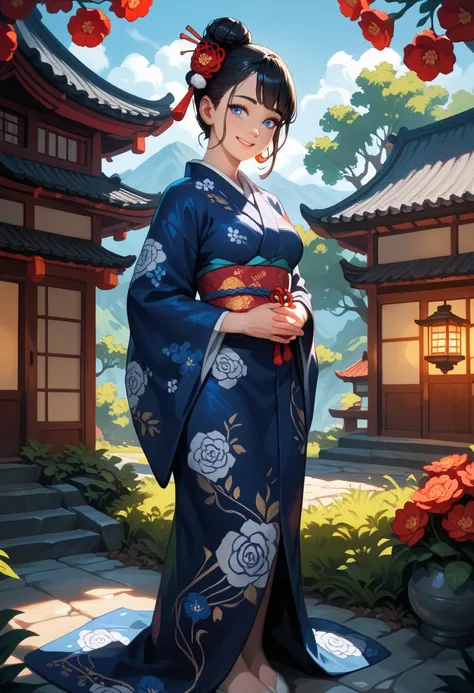 masterpiece, best quality, perfect lighting, high resolution, detailed face, 1 girl, black hair, complex hair bun, blue eyes, calm demeanor, small smile, white kimono, red flower kimono patterns, blue kimono patterns, medium breasts, big ass, hands togethe...