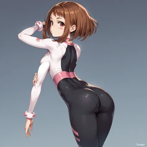 (side angle), ochako uraraka, brown eyes, brown hair, (aego)short hair, blush, blush stickers, bodysuit, skin tight, superhero, slender body, tiny waist. sexy body, sexy figure, slim legs, slim figure, sexy, tiny waist, desireable, tempting, lust, butt, ba...