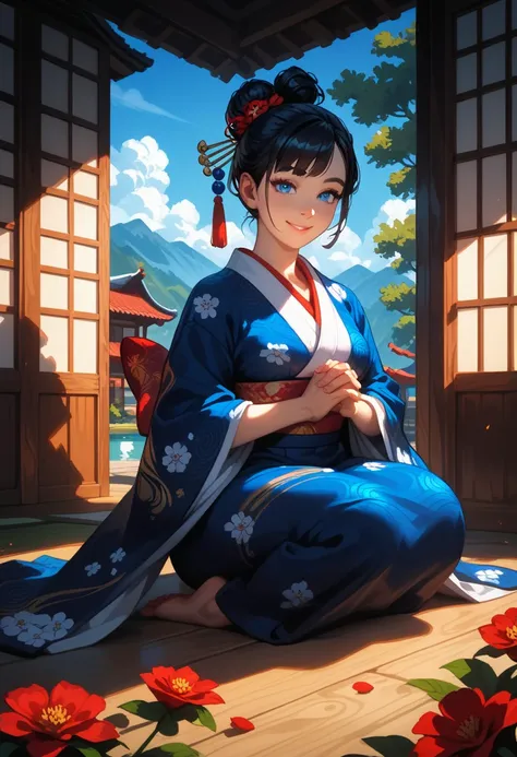 masterpiece, best quality, perfect lighting, high resolution, detailed face, 1 girl, black hair, complex hair bun, blue eyes, calm demeanor, small smile, white kimono, red flower kimono patterns, blue kimono patterns, medium breasts, big ass, hands togethe...