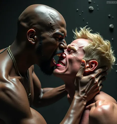 African man bites the head of a blond man
