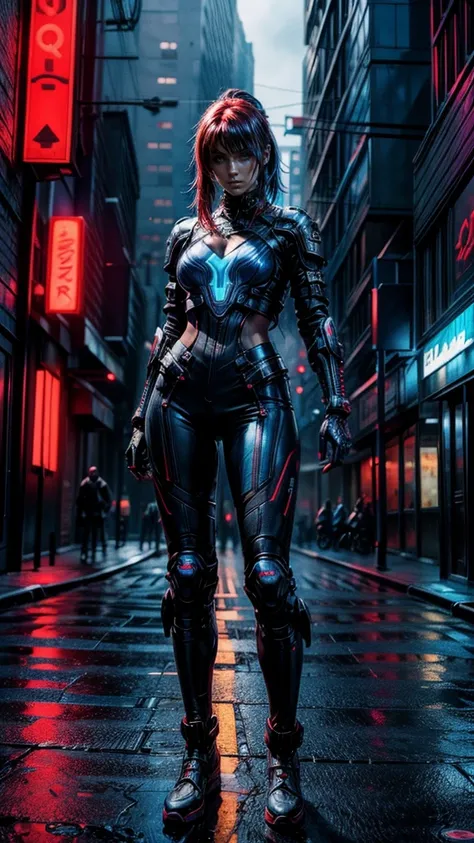 Highly detailed, cinematic, realistic. A strikingly beautiful woman with vibrant red and blue hair styled dynamically, wearing a sleek, futuristic outfit combining form-fitting techwear and cyberpunk-inspired armor. She poses confidently, exuding elegance ...