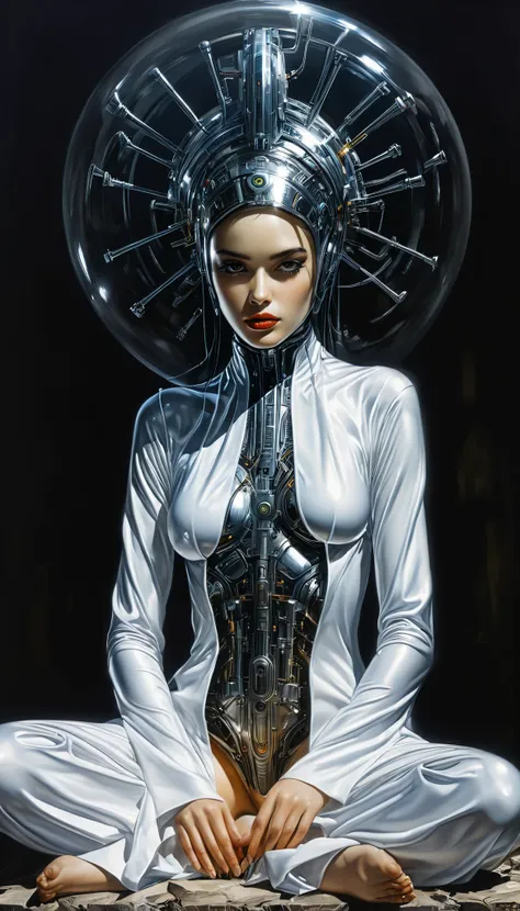 transparente glass body egoiste, men wizard robot, hajime sorayama, h.r giger, with white robe, crossed legs, floating above the ground, ruins background, caravaggio painting, female cyborg, sexy feline body pose, highly detailed face, beautiful detailed e...