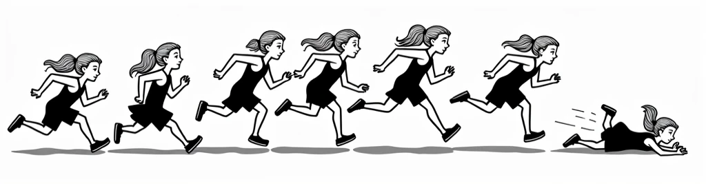 A sequence of seven drawings depicts a topless girl running, jumping and then falling.  The drawings are in black and white. The girl has light skin, light blonde hair in a ponytail. The drawings show her running at increasing speed, jumping and then falli...