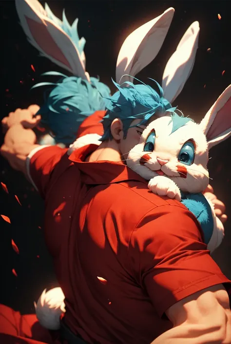  Create a 3d mascot of a blue-haired male baby rabbit with a white fringe wearing a red shirt in different fighting poses on a black background. The rabbit should be represented with features from the cartoon Tiny Toons .