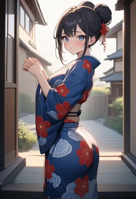 masterpiece, best quality, perfect lighting, high resolution, detailed face, 1 girl, black hair, complex hair bun, hair tendrils, blue eyes, calm demeanor, nervous smile, white kimono, red flower kimono patterns, blue kimono patterns, medium breasts, big a...