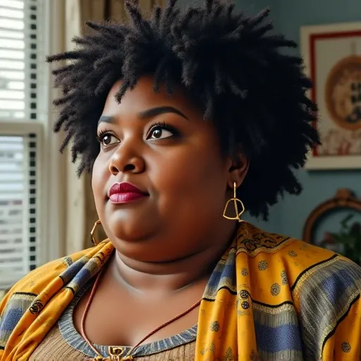  to create the face of a totally realistic woman , an ordinary woman, Better groomed obese ,  she has Afro-descendant skin with the face of being uses us.  she is in an interesting place 