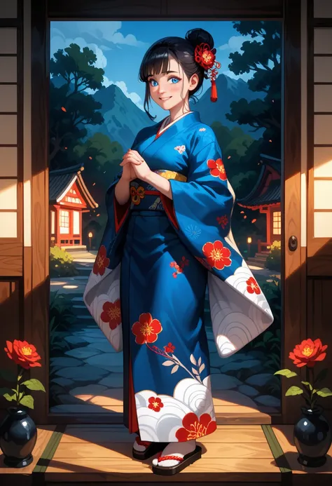 masterpiece, best quality, perfect lighting, high resolution, detailed face, 1 girl, black hair, complex hair bun, hair tendrils, blue eyes, calm demeanor, nervous smile, white kimono, red flower kimono patterns, blue kimono patterns, medium breasts, big a...