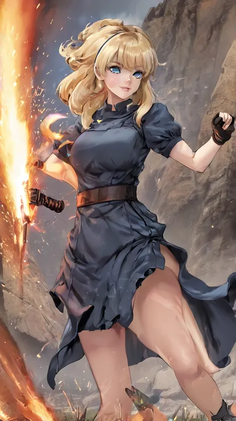 blonde_hair, ponytail, blue_eyes, 1girl, solo, bangs, broken_armor, sheer see-through black_dress, gloves, skirt, burning_field, fighting, best_quality, highres, extremely_detailed, Norman Rockwell  style, 32k, masterpiece, broken_two_swords, large natural...