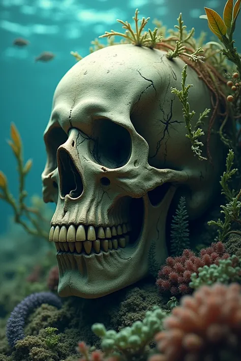 A skull filled with seaweed