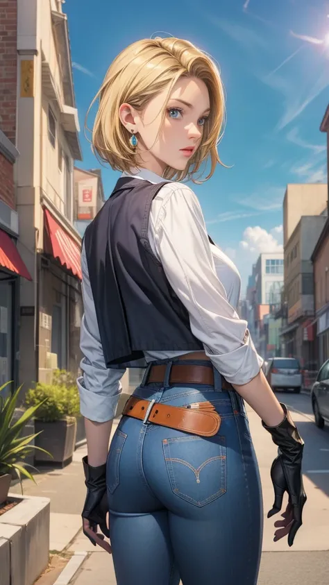 perfect eyes:1.2, detailed eyes:1.4, serious, sysdeep_android18, breasts, blonde hair, blue eyes, short hair, earrings, black waistcoat, jeans, belt, black gloves, white shirt, pearl necklace, cowboy shot, 1girl, solo, (masterpiece:1.6, best quality), 8k, ...