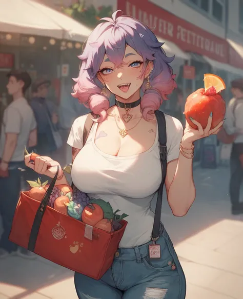 MrBeast Youtuber in a colorful but chaotic Latin American marketplace, holding a bag of pesos, surrounded by street vendors selling exotic fruits, with a stray dog following him.