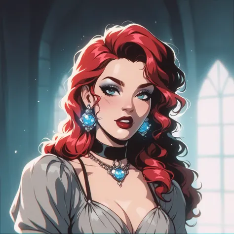  The character presents an impressive visual ,  with very voluminous and curly hair ,  dominated by black tones and red highlights . His eyes are remarkable,  with an intense red glow ,  which adds an air of mystery and power .  Her face has striking featu...