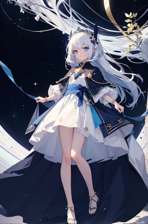 ((Masterpiece,  Ultra High Quality, 8K, Anime Style, Space Style, Cosmic Style, Princess Style, Full body)) A thin, short girl with small breasts with snow-white translucent skin and dark blue and white eyes with white and dark blue pupils respectively, sh...