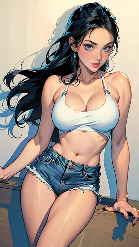 (high quality, best rendering), (beautiful girl), Blue Eyes, ((black long straight hair)),(bombshell, pin-up style), psychopath, crazy face, sexy pose, jean short shorts, tank top, pastel, centered, scale to fit dimensions, micro thong, micro bikini, camel...